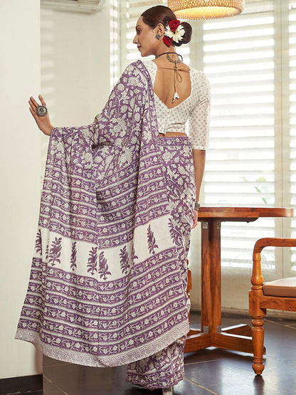 Women's Cotton Lavendar Printed Designer Saree With Blouse Piece