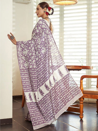 Women's Cotton Lavendar Printed Designer Saree With Blouse Piece