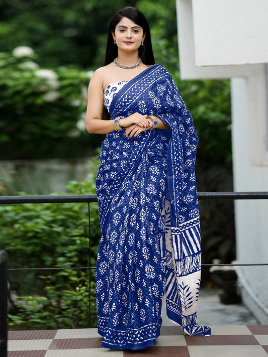 Women's Cotton White Printed Designer Saree With Blouse Piece