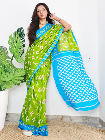 Women's Cotton Green Printed Designer Saree With Blouse Piece