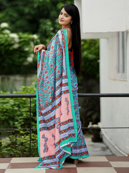 Women's Cotton Rust Printed Designer Saree With Blouse Piece