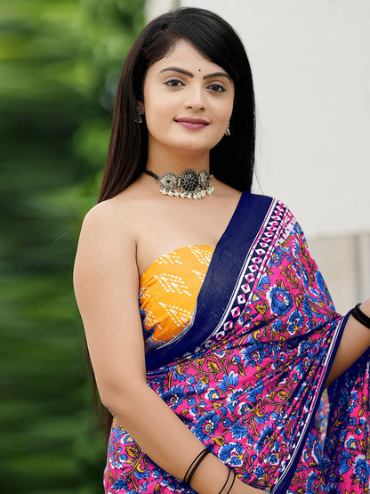 Women's Cotton Yellow Printed Designer Saree With Blouse Piece