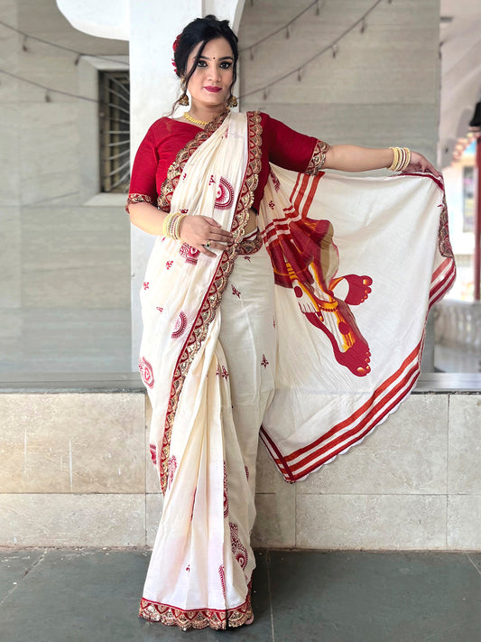 Women's Cotton Red Embellished Designer Saree With Blouse Piece