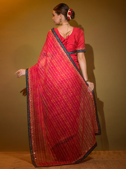 Women's Georgette Red Embellished Designer Saree With Blouse Piece