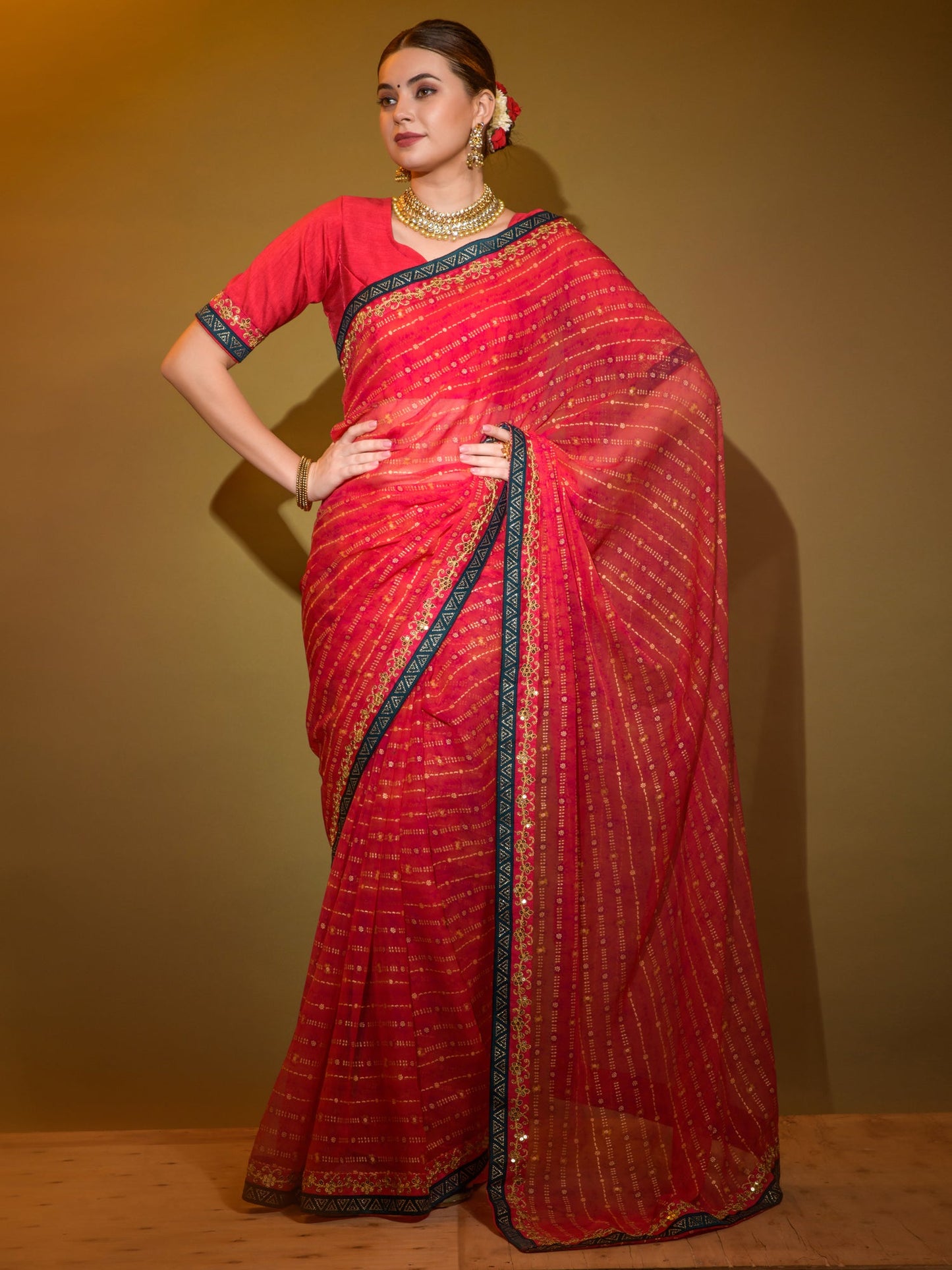 Women's Georgette Red Embellished Designer Saree With Blouse Piece