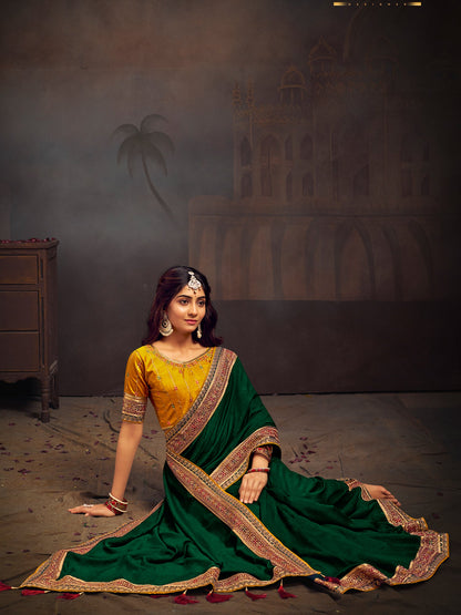 Women's Vichitra Silk Yellow Embroidered Designer Saree With Blouse Piece