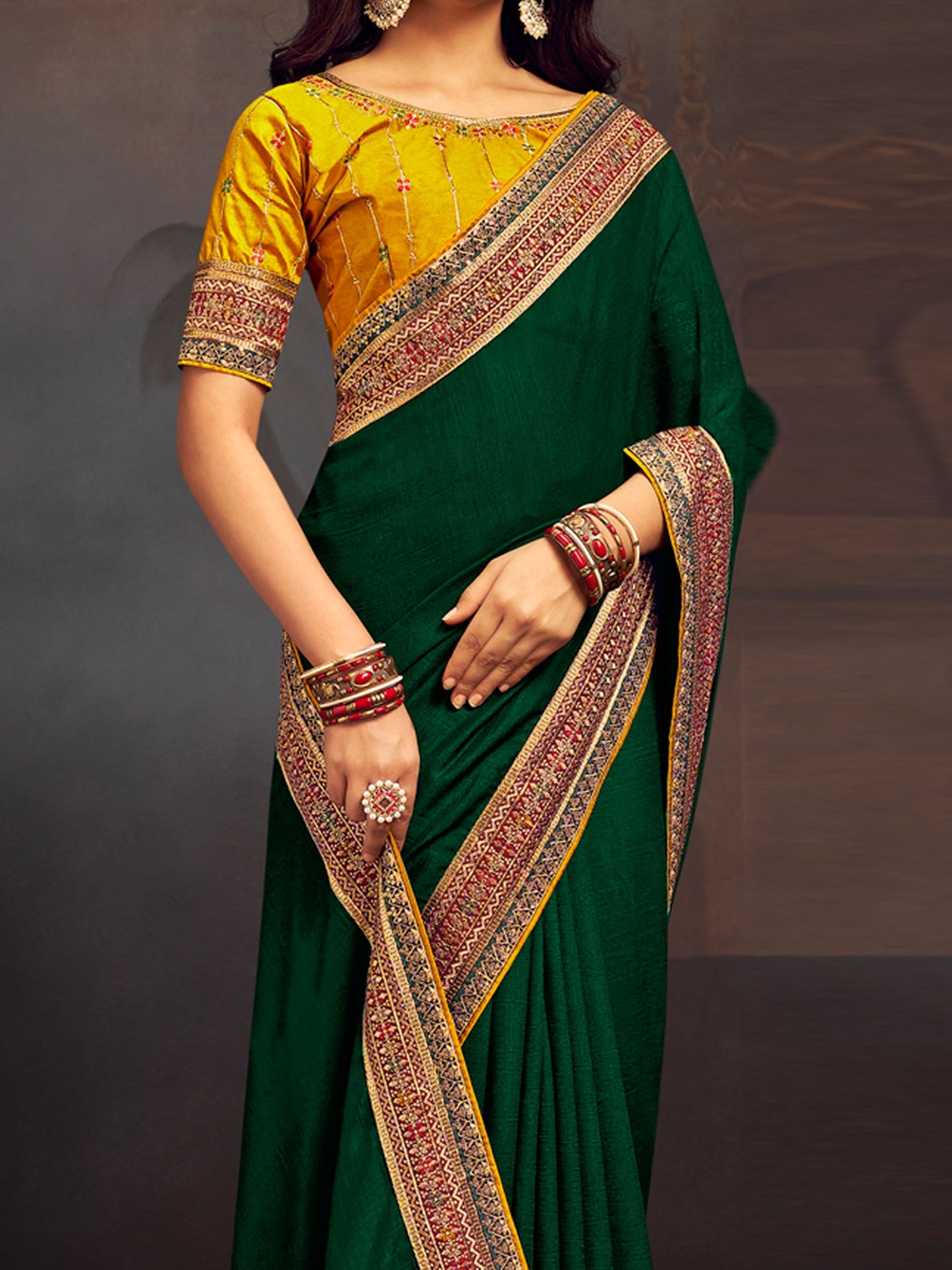 Women's Vichitra Silk Yellow Embroidered Designer Saree With Blouse Piece