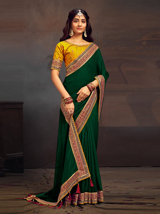 Women's Vichitra Silk Yellow Embroidered Designer Saree With Blouse Piece