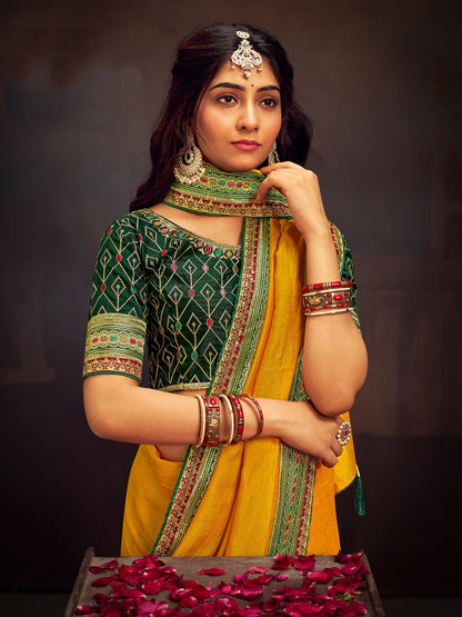 Women's Vichitra Silk Green Embroidered Designer Saree With Blouse Piece