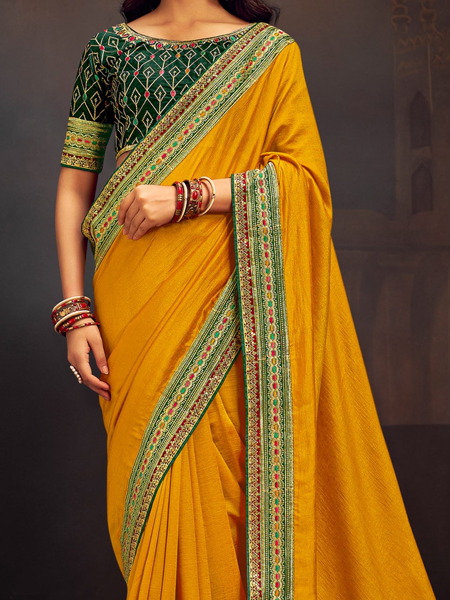 Women's Vichitra Silk Green Embroidered Designer Saree With Blouse Piece