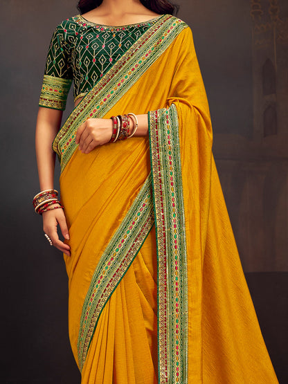 Women's Vichitra Silk Green Embroidered Designer Saree With Blouse Piece