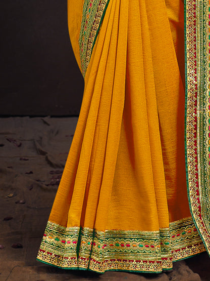 Women's Vichitra Silk Green Embroidered Designer Saree With Blouse Piece