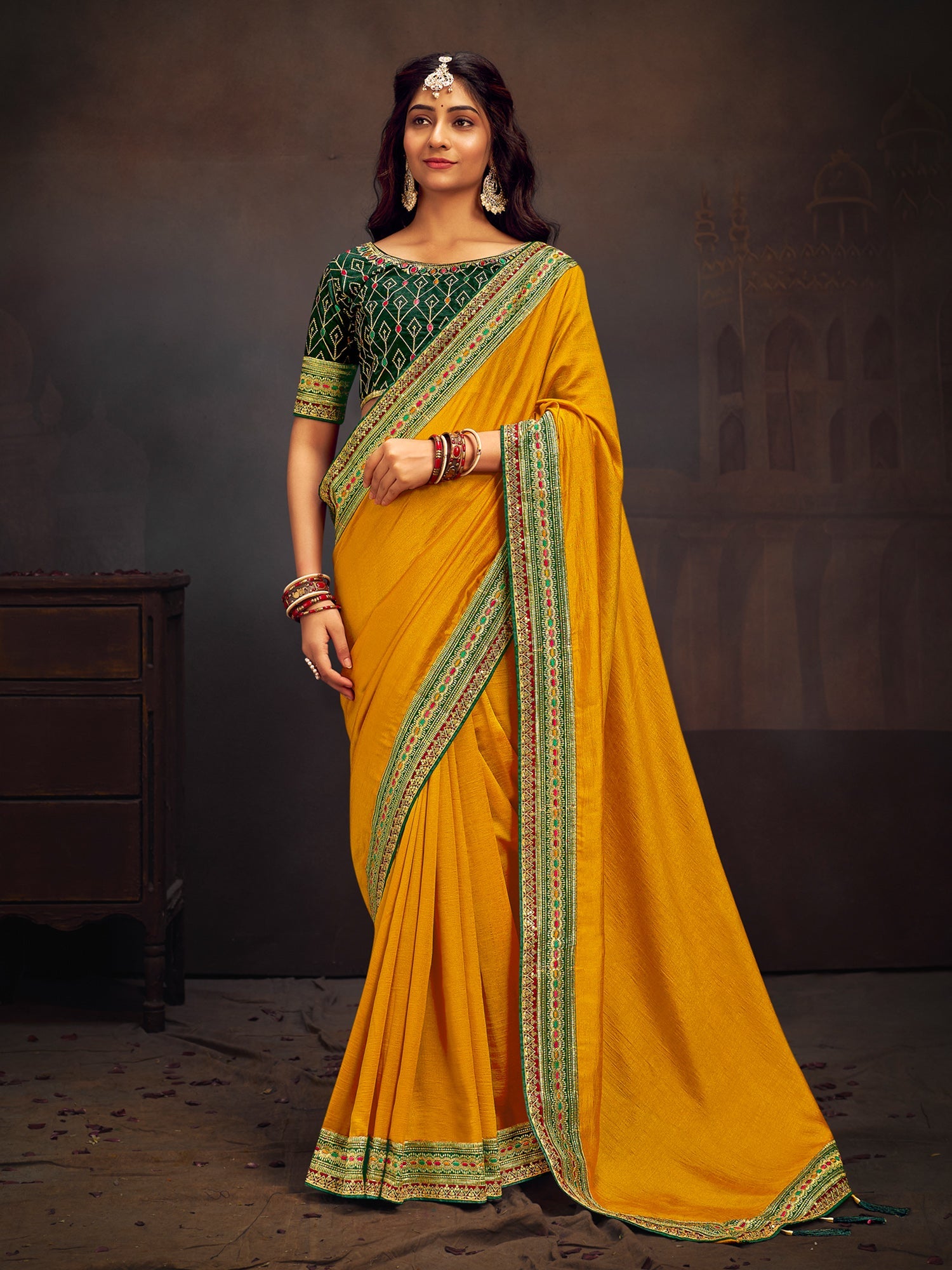 Women's Vichitra Silk Green Embroidered Designer Saree With Blouse Piece