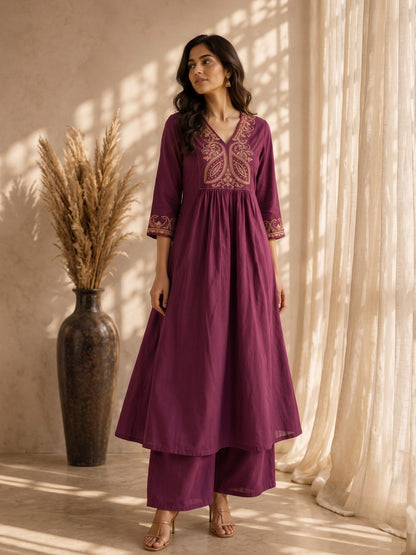 Mishka Caramel Embroidery Cotton Kurta Pant Set