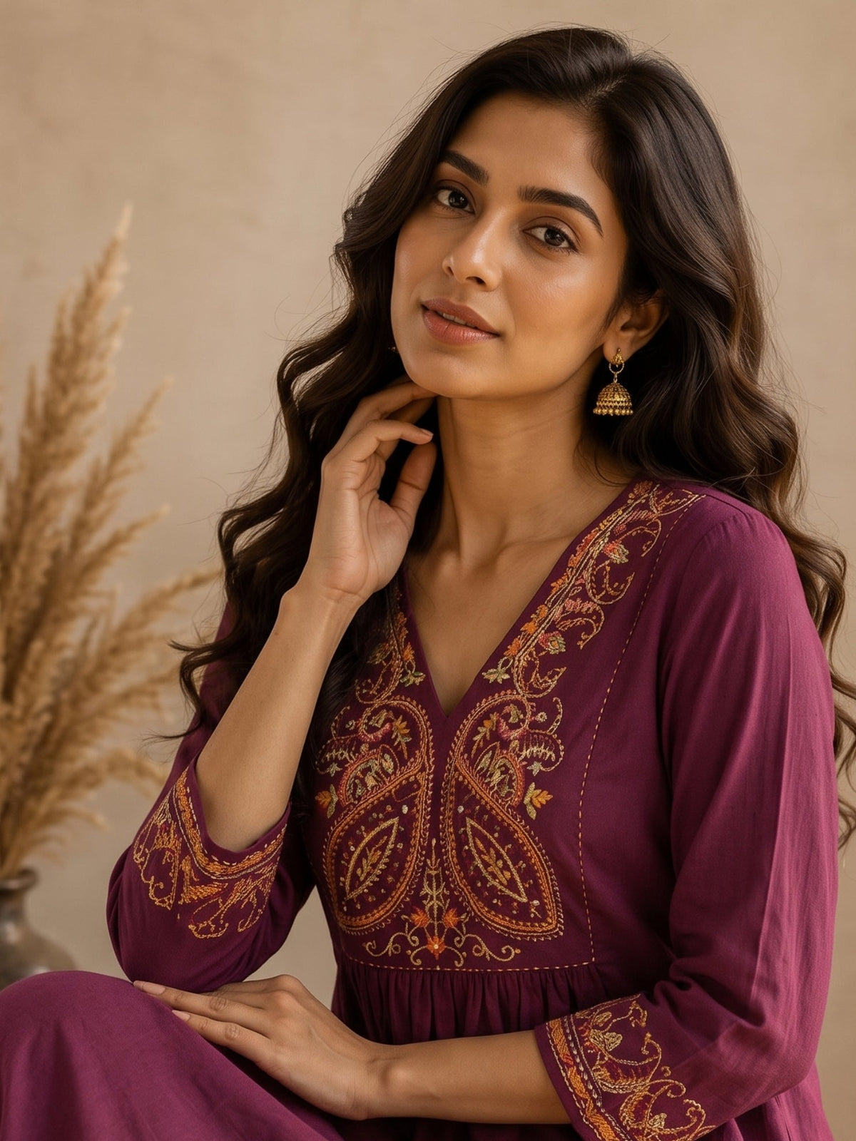 Mishka Caramel Embroidery Cotton Kurta Pant Set