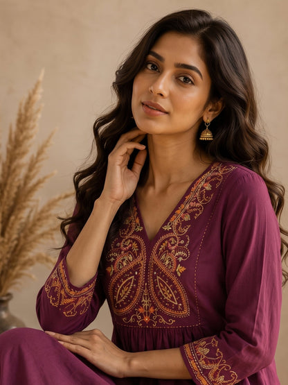 Mishka Caramel Embroidery Cotton Kurta Pant Set