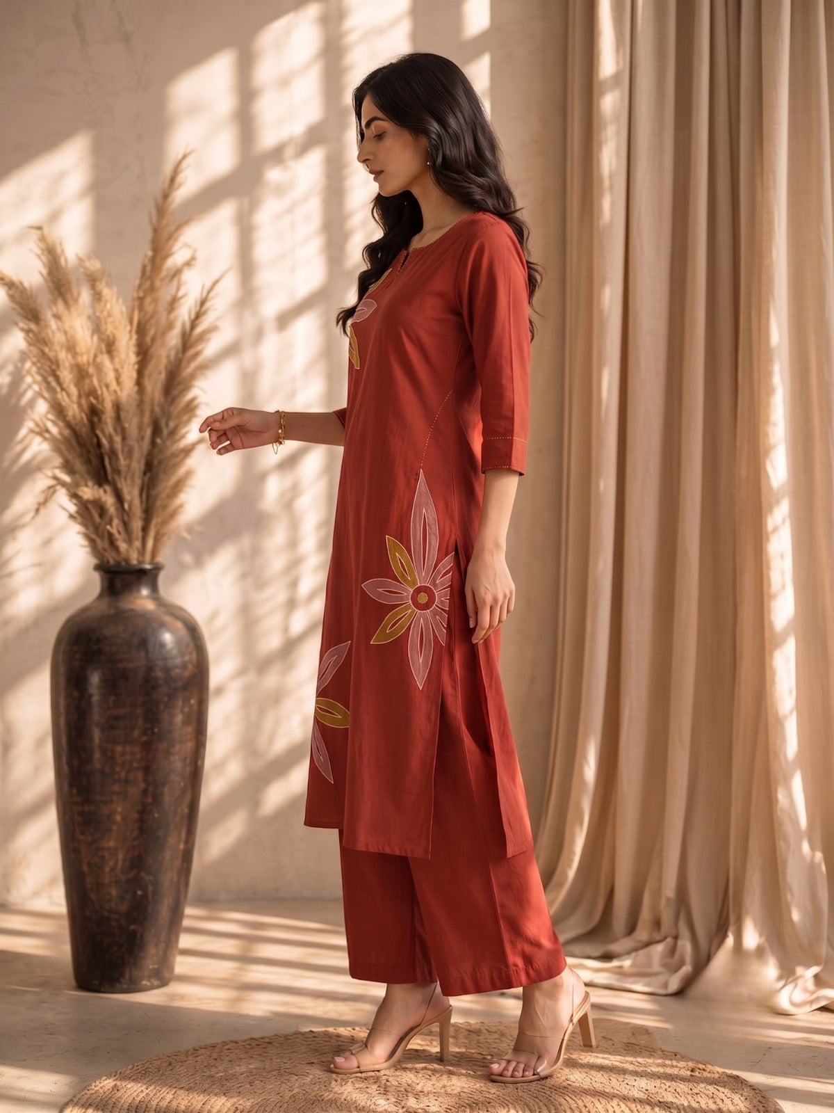 Mishka Saffron Embroidery Cotton Kurta Pant Set