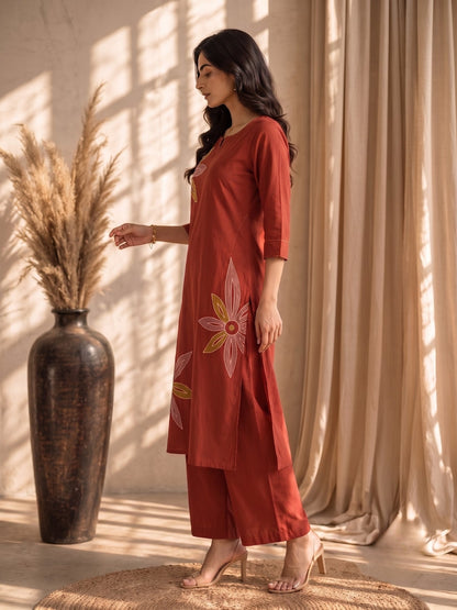 Mishka Saffron Embroidery Cotton Kurta Pant Set