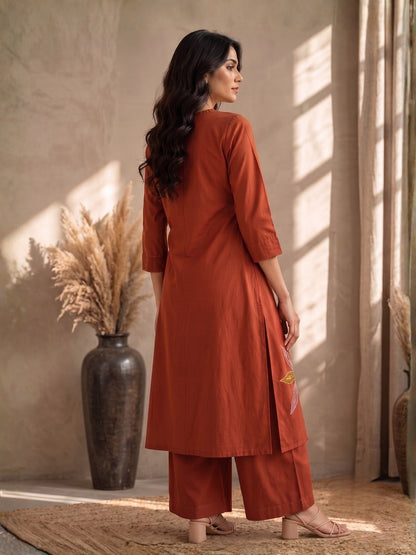 Mishka Saffron Embroidery Cotton Kurta Pant Set