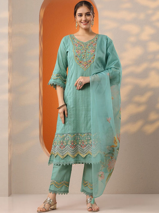 Women Floral Embroidered Regular Thread Work Kurta & Trousers With Dupatta