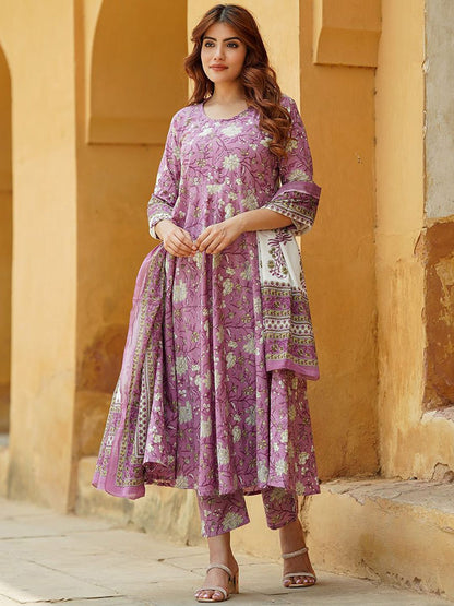 Dhiyona KL Floral Printed Pure Cotton Anarkali Kurta With Trousers & Dupatta