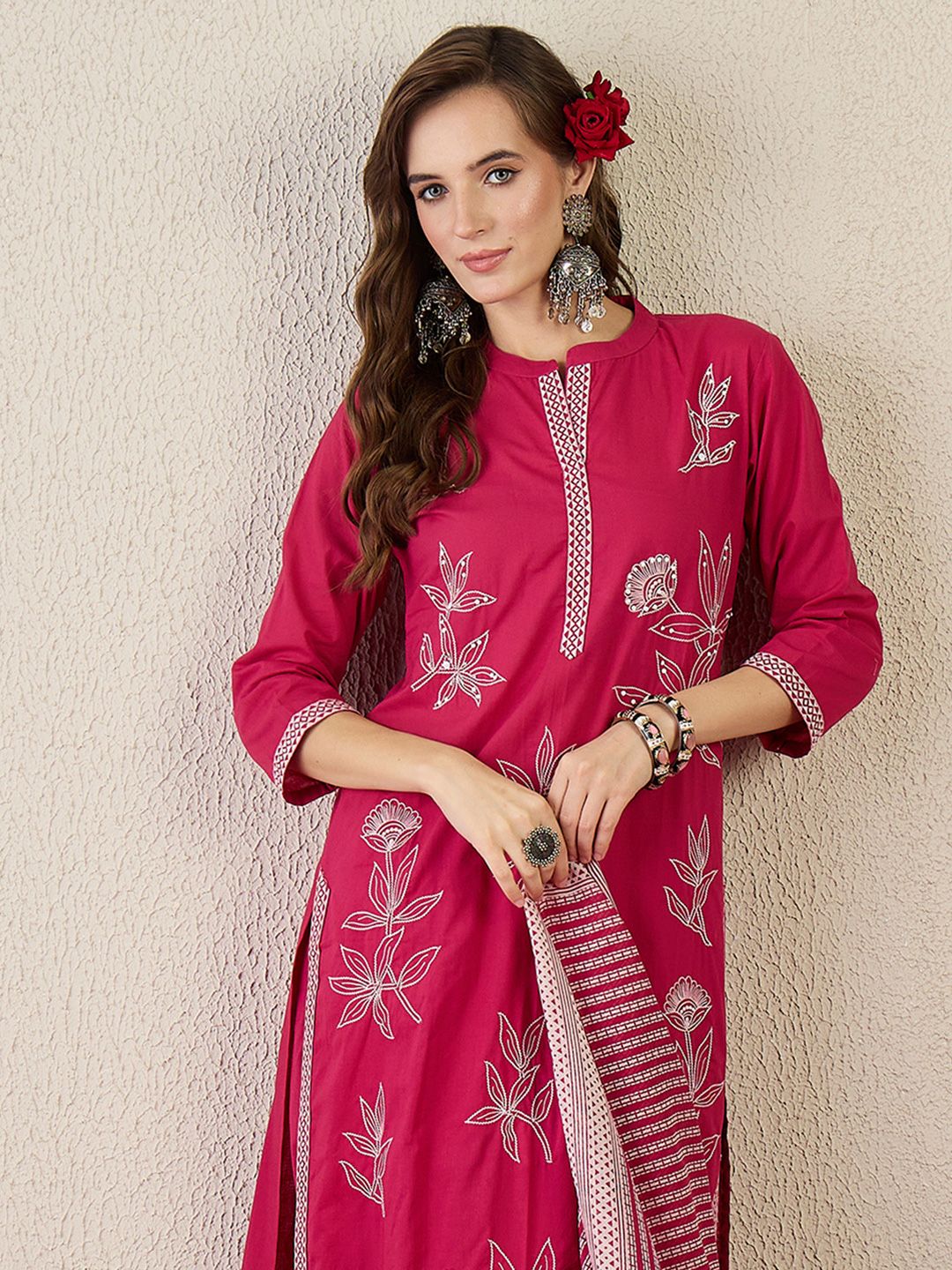 Dhiyona IE Women Embroidered Beads and Stones Pure Cotton Kurta with Trousers & Dupatta