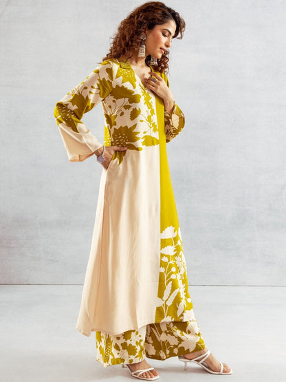 Floral Printed Shirt Collar Thread Work Straight Kurta With Palazzo