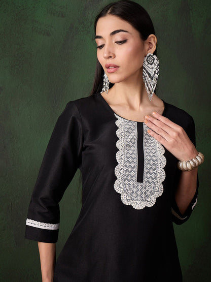 Black Floral Embroidered Three-Quarter Sleeves Chikankari Work Kurta With Trouser