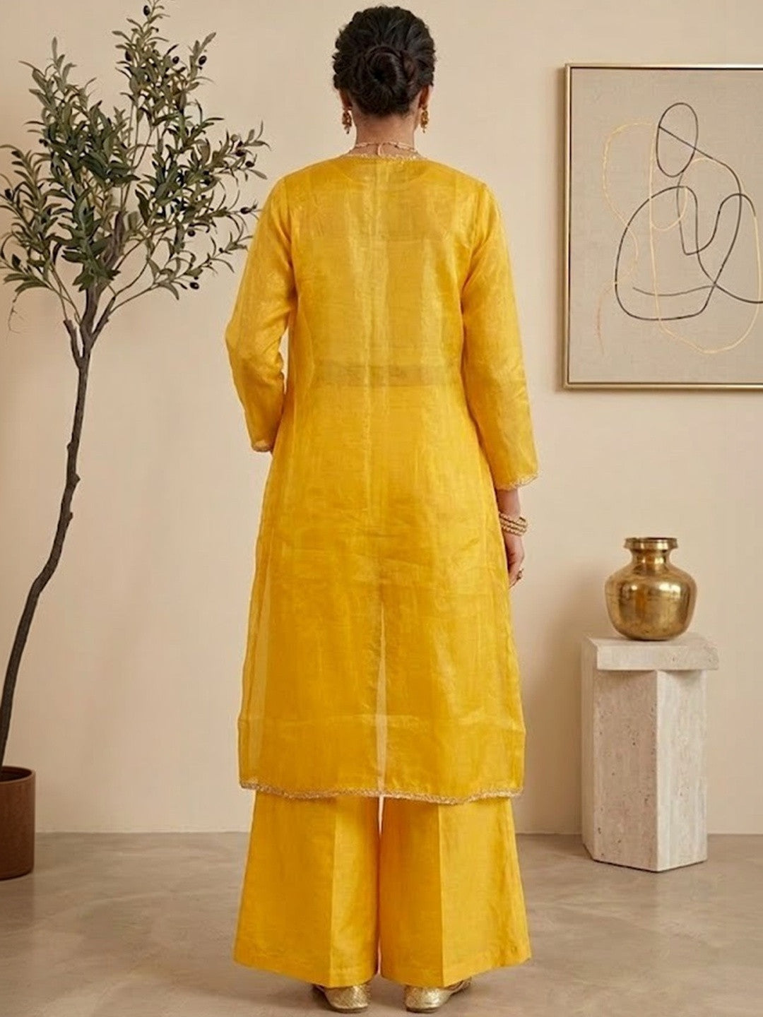 Embroidered Tissue Round Neck Top & Palazzos