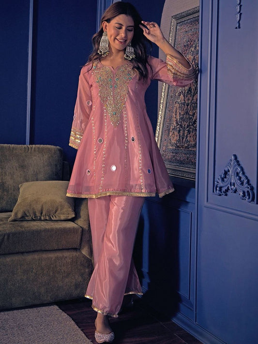 Dhiyona CH Women Ethnic Motifs Embroidered Empire Mirror Work Kurta with Trousers