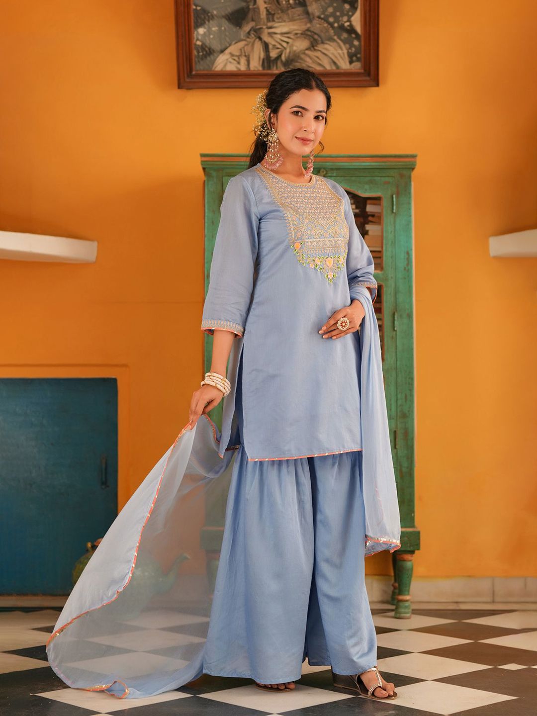 Dhiyona SC Women Blue Chanderi Silk Zari Embroidered Sharara Set