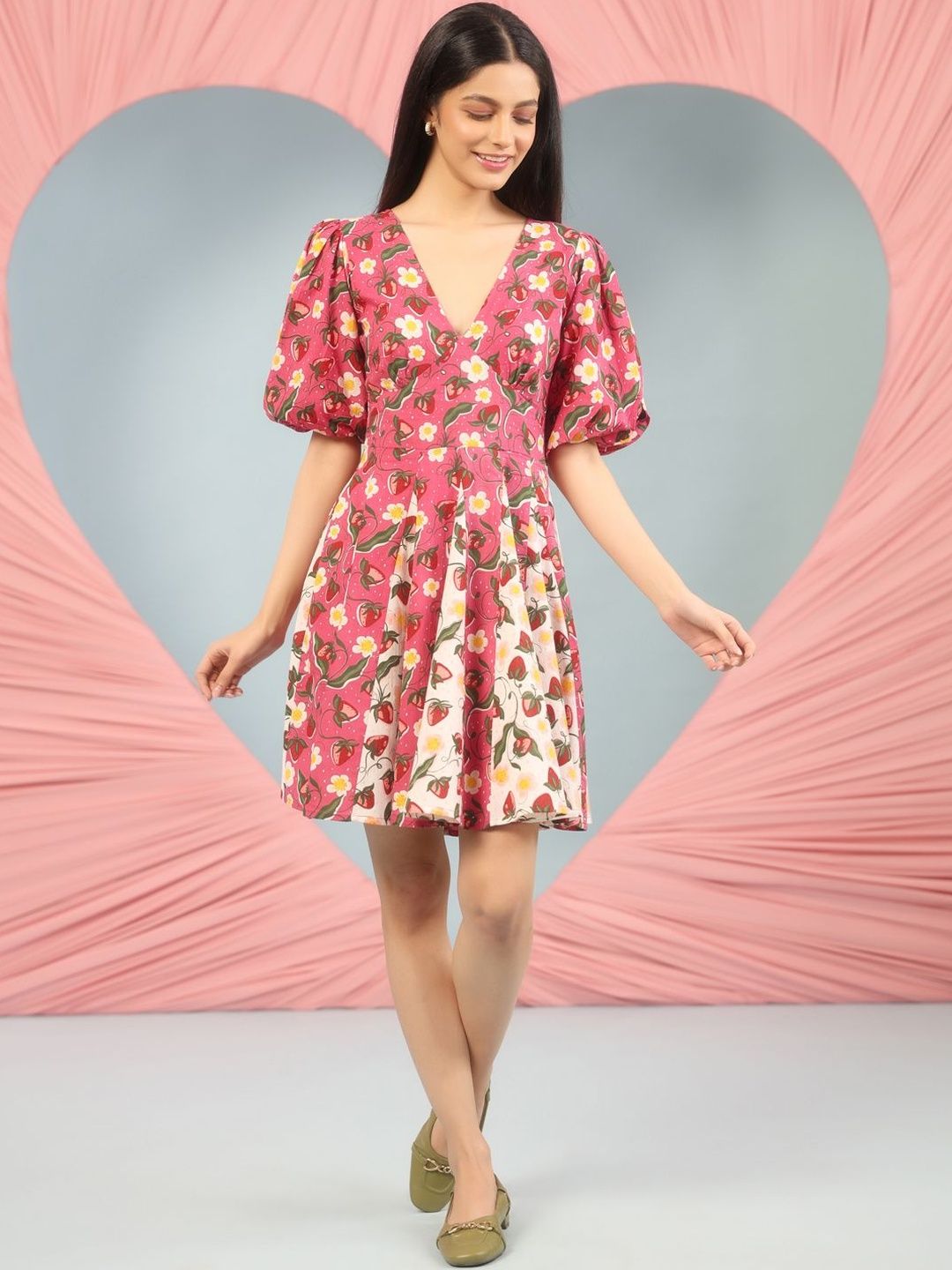 Dhiyona AY Women's Floral Print Puff Sleeve Fit & Flare Mini Dress