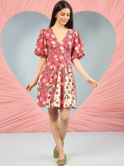 Dhiyona AY Women's Floral Print Puff Sleeve Fit & Flare Mini Dress