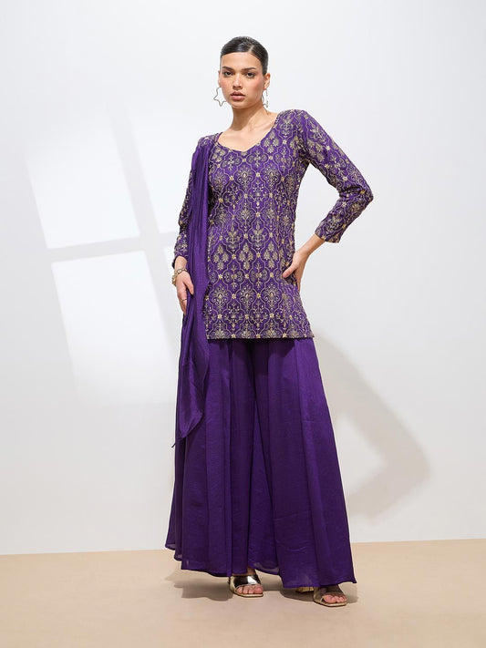 Dhiyona KL Women Ethnic Motifs Embroidered Thread Work Kurta Set With Trousers & Dupatta