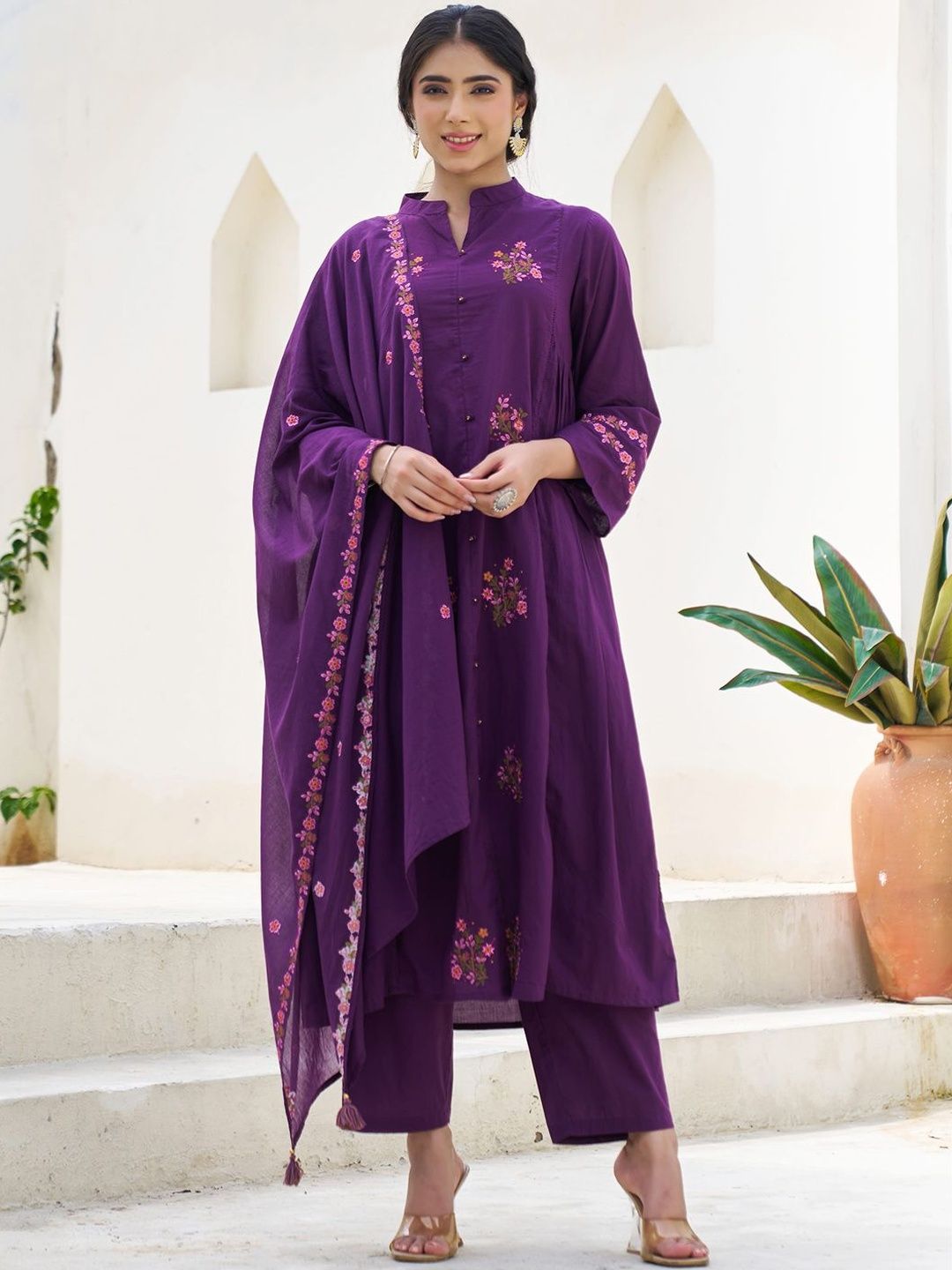 Dhiyona IE Floral Embroidered Thread Work Pure Cotton A-Line Kurta With Trousers & Dupatta