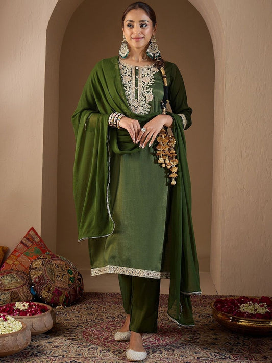 Floral Embroidered Thread Work Straight Kurta With Trouser & Dupatta