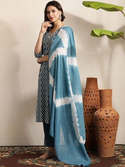 Women Printed Regular Thread Work Pure Cotton Kurta with Trousers & With Dupatta