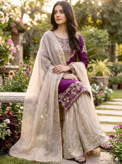 Dhiyona KL Women Ethnic Motifs Embroidered Regular Thread Work Kurta with Sharara & With Dupatta