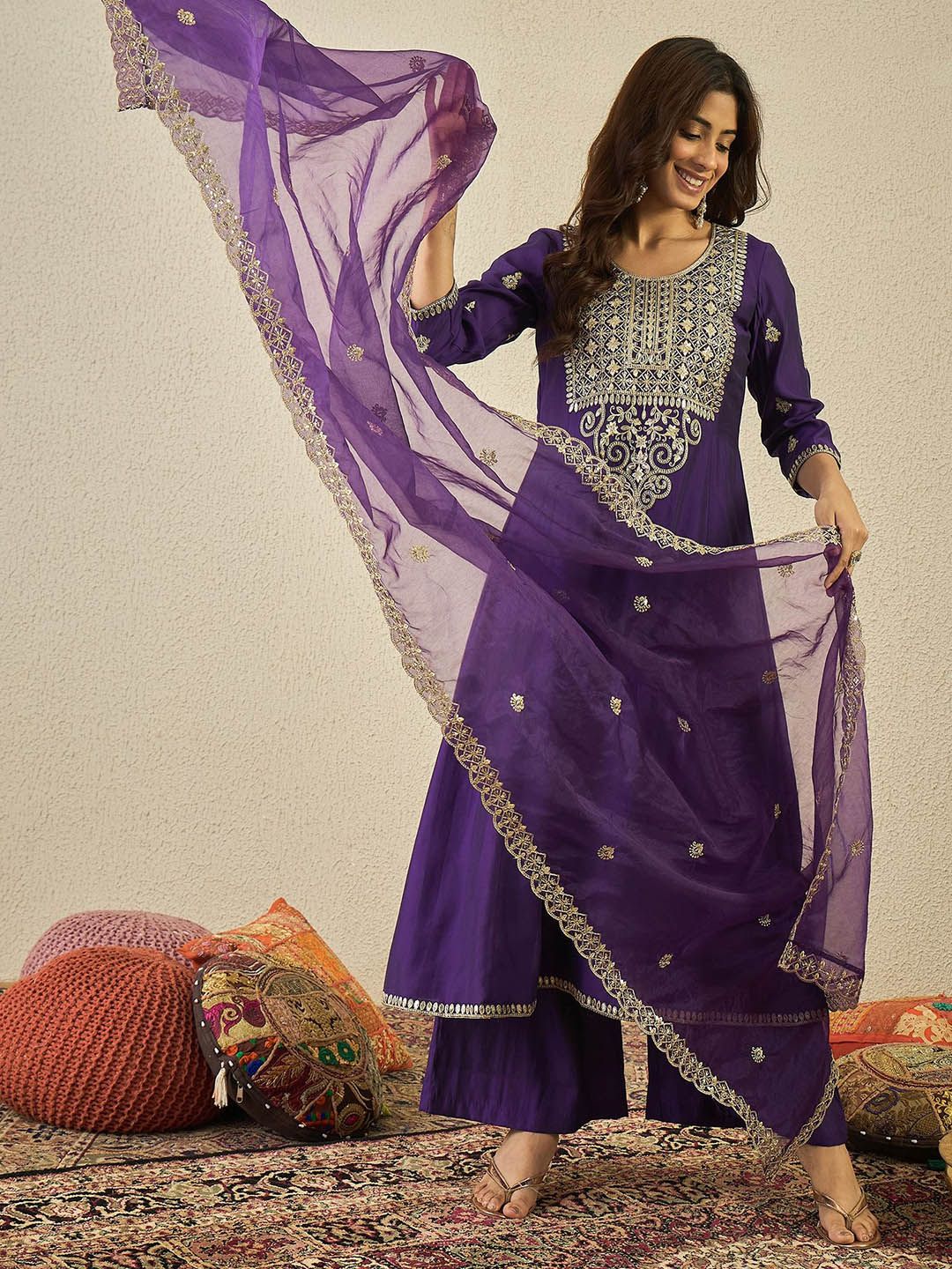 Dhiyona IN Women Floral Yoke Design Panelled Kurta with Palazzos & Dupatta