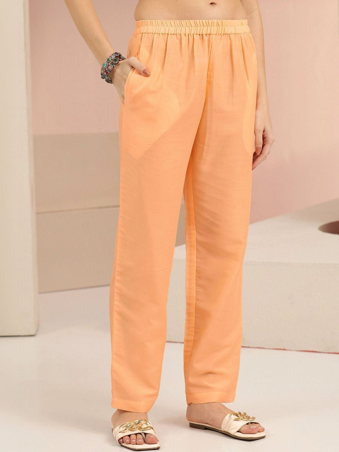Peach Floral Printed Muslin Straight Suit Set