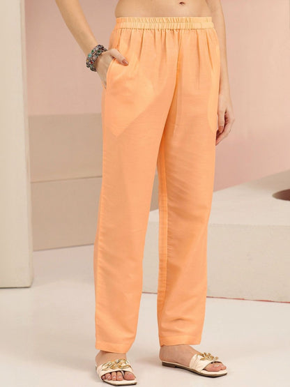 Peach Floral Printed Muslin Straight Suit Set
