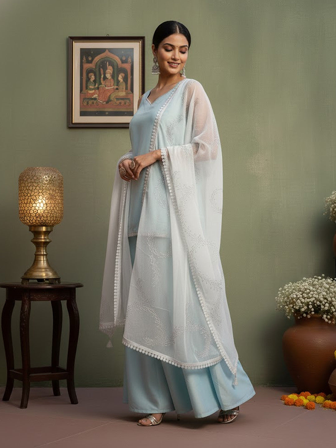 Silk Blend Solid Kurta with Sharara & Duppatta