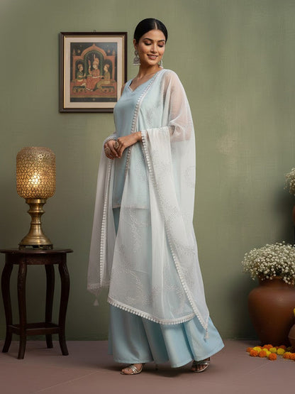 Silk Blend Solid Kurta with Sharara & Duppatta