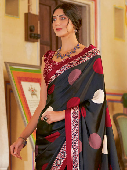 Women's Crepe Black Printed Designer Saree With Blouse Piece