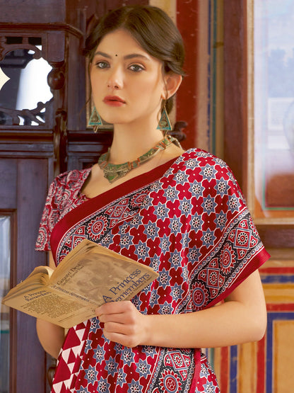 Women's Crepe Red Printed Designer Saree With Blouse Piece