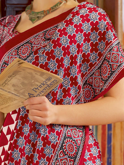 Women's Crepe Red Printed Designer Saree With Blouse Piece