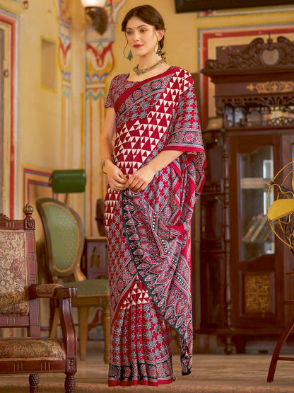 Women's Crepe Red Printed Designer Saree With Blouse Piece