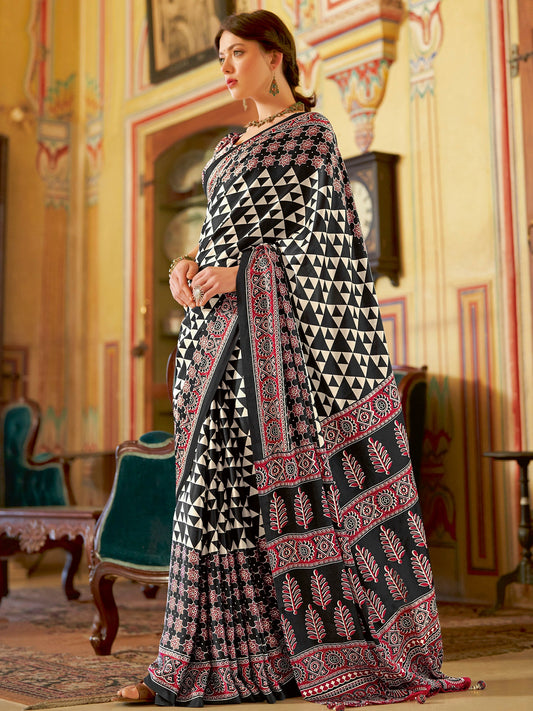 Women's Crepe Black Printed Designer Saree With Blouse Piece