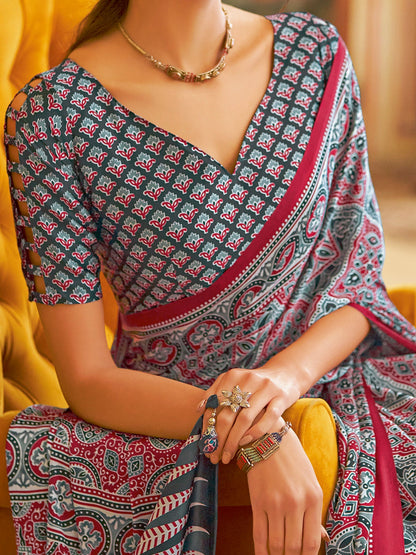 Women's Crepe Grey Printed Designer Saree With Blouse Piece