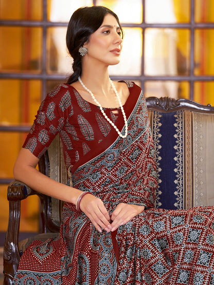 Women's Crepe Red Printed Designer Saree With Blouse Piece